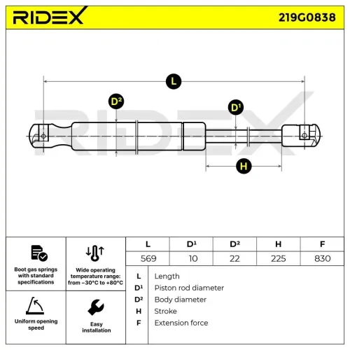 Gasfeder, Koffer-/Laderaum beidseitig RIDEX 219G0838 Bild Gasfeder, Koffer-/Laderaum beidseitig RIDEX 219G0838