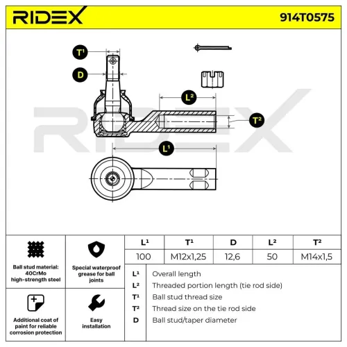 Spurstangenkopf Vorderachse beidseitig RIDEX 914T0575 Bild Spurstangenkopf Vorderachse beidseitig RIDEX 914T0575