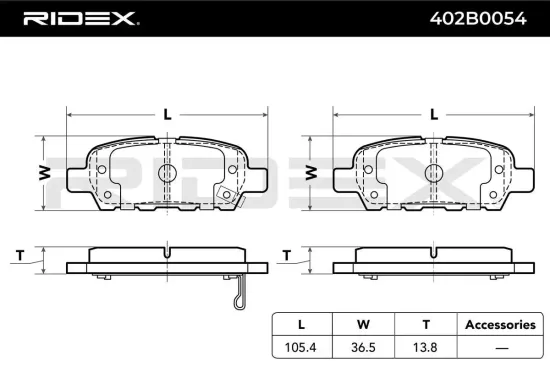 Bremsbelagsatz, Scheibenbremse Hinterachse RIDEX 402B0054 Bild Bremsbelagsatz, Scheibenbremse Hinterachse RIDEX 402B0054