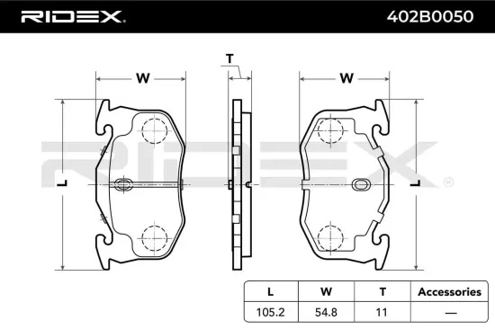 Bremsbelagsatz, Scheibenbremse Hinterachse RIDEX 402B0050 Bild Bremsbelagsatz, Scheibenbremse Hinterachse RIDEX 402B0050