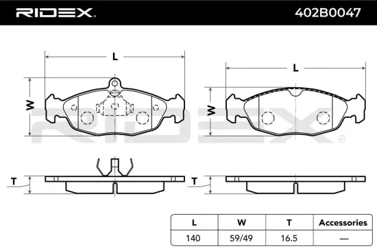 Bremsbelagsatz, Scheibenbremse Vorderachse RIDEX 402B0047 Bild Bremsbelagsatz, Scheibenbremse Vorderachse RIDEX 402B0047