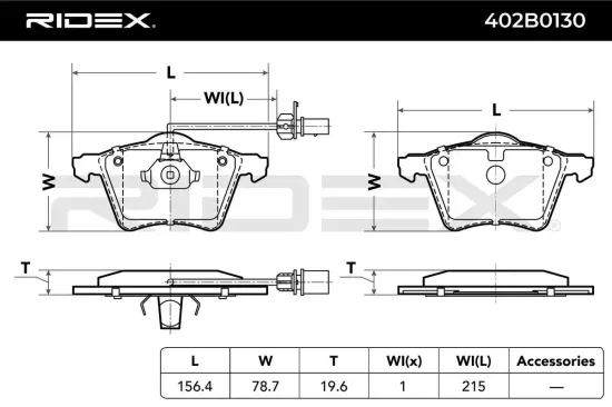Bremsbelagsatz, Scheibenbremse Vorderachse RIDEX 402B0130 Bild Bremsbelagsatz, Scheibenbremse Vorderachse RIDEX 402B0130