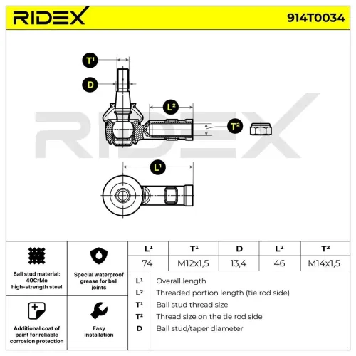 Spurstangenkopf außen beidseitig Vorderachse RIDEX 914T0034 Bild Spurstangenkopf außen beidseitig Vorderachse RIDEX 914T0034