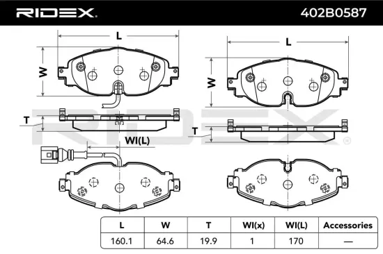 Bremsbelagsatz, Scheibenbremse Vorderachse RIDEX 402B0587 Bild Bremsbelagsatz, Scheibenbremse Vorderachse RIDEX 402B0587