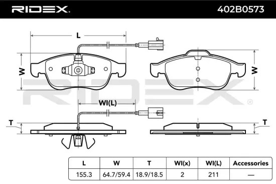 Bremsbelagsatz, Scheibenbremse Vorderachse RIDEX 402B0573 Bild Bremsbelagsatz, Scheibenbremse Vorderachse RIDEX 402B0573