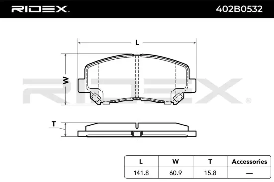 Bremsbelagsatz, Scheibenbremse Vorderachse RIDEX 402B0532 Bild Bremsbelagsatz, Scheibenbremse Vorderachse RIDEX 402B0532