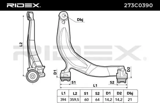 Lenker, Radaufhängung unten Vorderachse rechts RIDEX 273C0390 Bild Lenker, Radaufhängung unten Vorderachse rechts RIDEX 273C0390